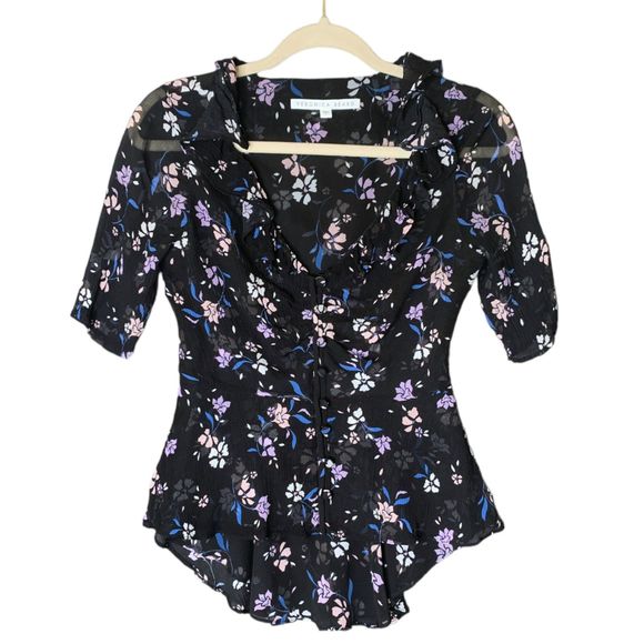 Veronica Beard Ayia Silk Chiffon Blouse Black Floral 0 Feminine Top - Picture 3 of 10